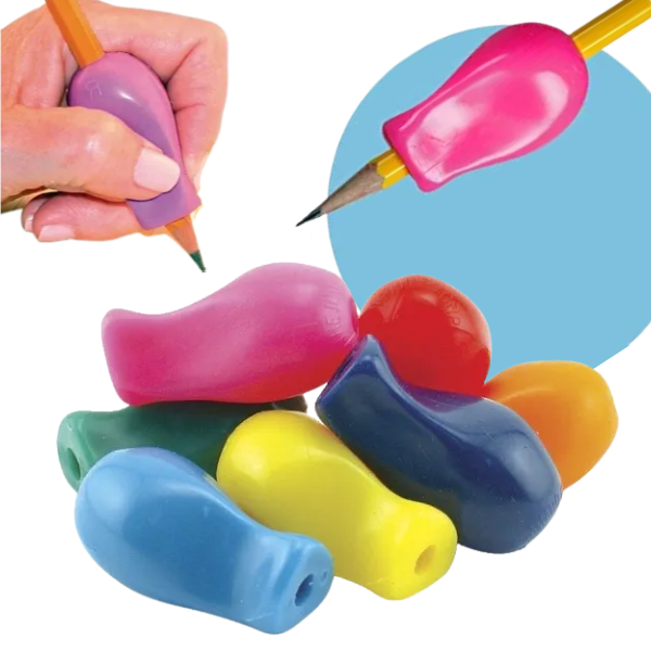 assorted colours of jumbo pencil grips, also shown on a pencil