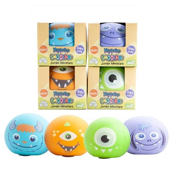 4 colours of smooshos jumbo monsters in boxes and without boxes