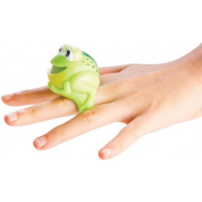 squishy frog ring being worn on a finger-fun fidgets