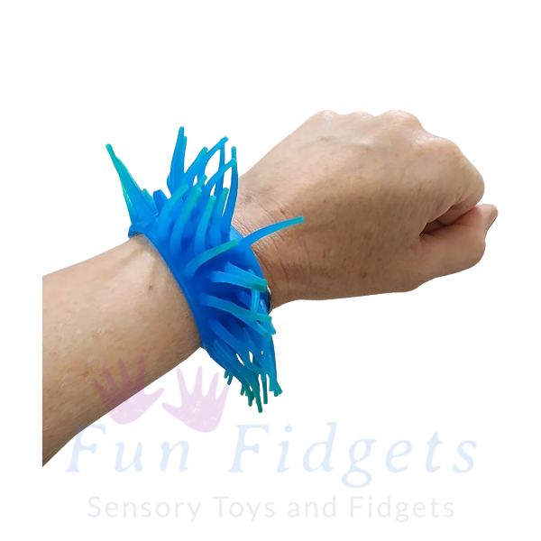 blue stretchy wristband worn on the wrist-fun fidgets
