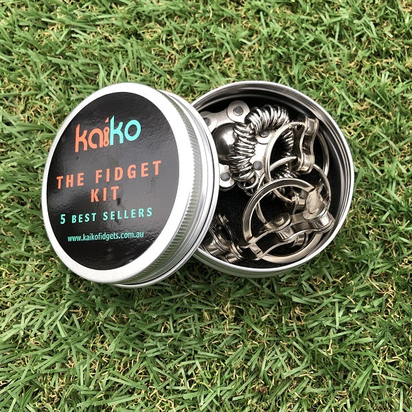 kaiko fidgets the fidget kit items shown in tin with tin lid open-fun fidgets