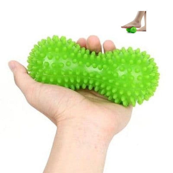 green tickles sensory ball in a hand and shown being used under foot