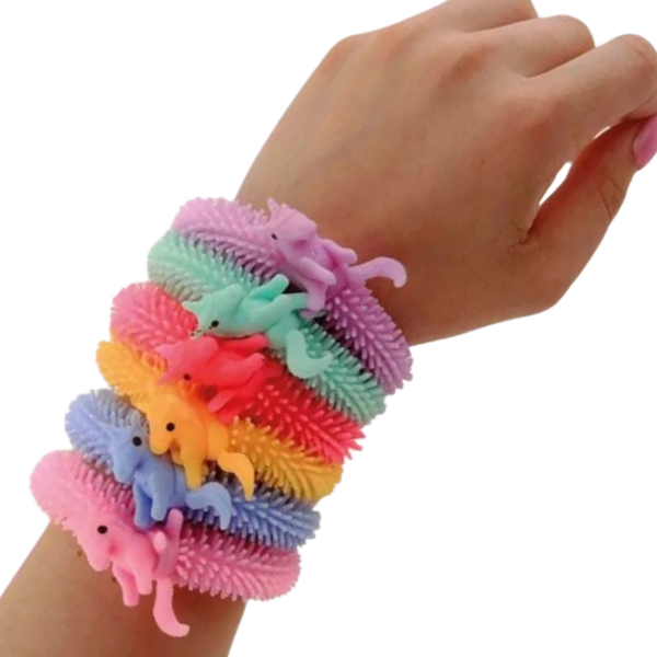 unicorn noodles being worn on the wrist-fun fidgets