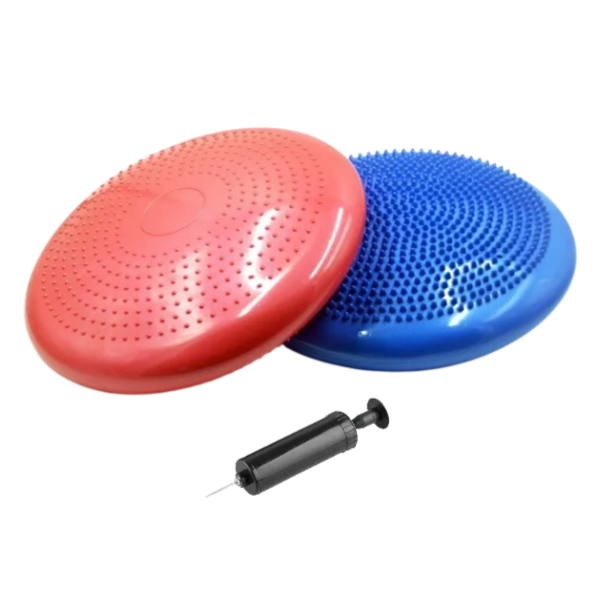 a red and a blue wobble cushion with pump